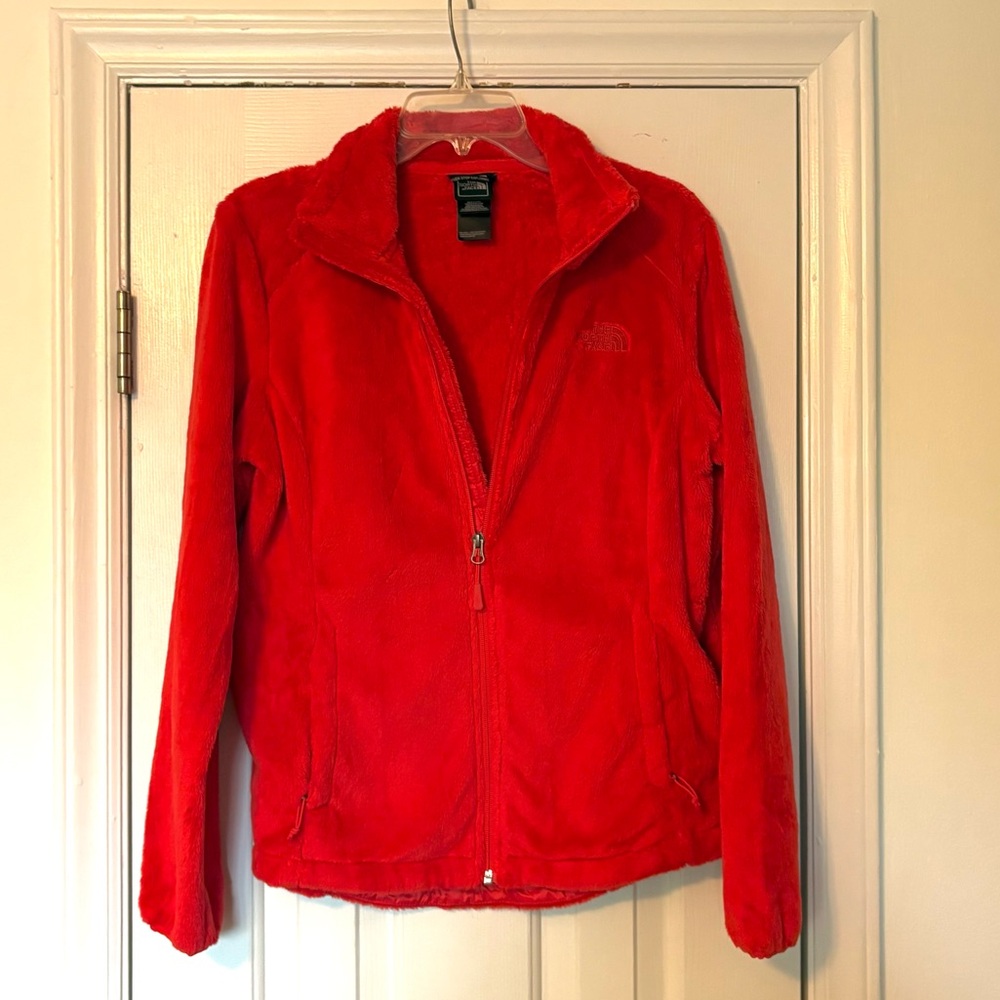 North Face Women's Red Fuzzy Fleece Jacket, size small.